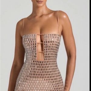 Oh Polly Nude Beige Crochet Mini Dress